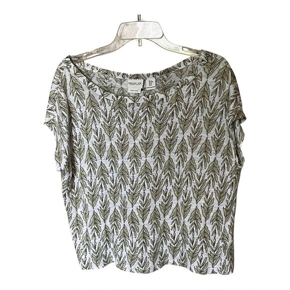 Rachel Zoe 100% Linen Green and Cream Leaf Print Cap Sleeve Shirt Top Size MED - Picture 1 of 8